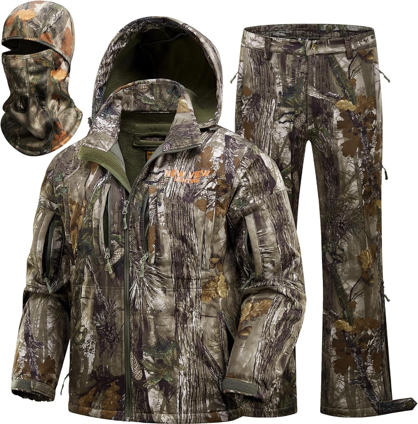 Camo Hunting Clothes for Men, Quiet Warm Fleece Lining, Cold Weather Deer Hunting Jacket and Pants with Face Mask