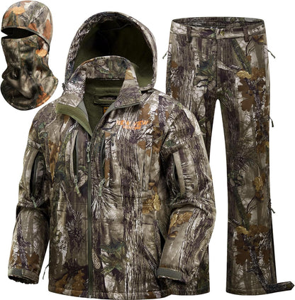 Camo Hunting Clothes for Men, Quiet Warm Fleece Lining, Cold Weather Deer Hunting Jacket and Pants with Face Mask