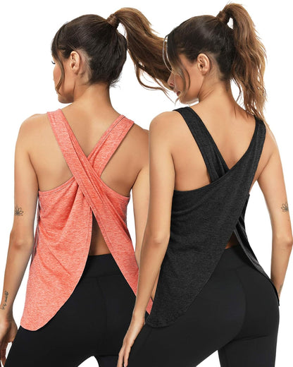 Open Back Workout Top Backless Yoga Shirts Tie Back Workout Tank Activewear Shirts Exercise Yoga Tank Tops (1-3Pack)