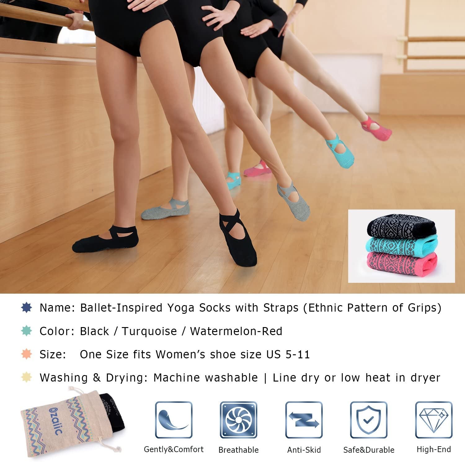 Pilates Socks for Women Non Slip Grip, Yoga Socks with Grippers for Barre, Hospital, Ballet, Dance, Barefoot Workout