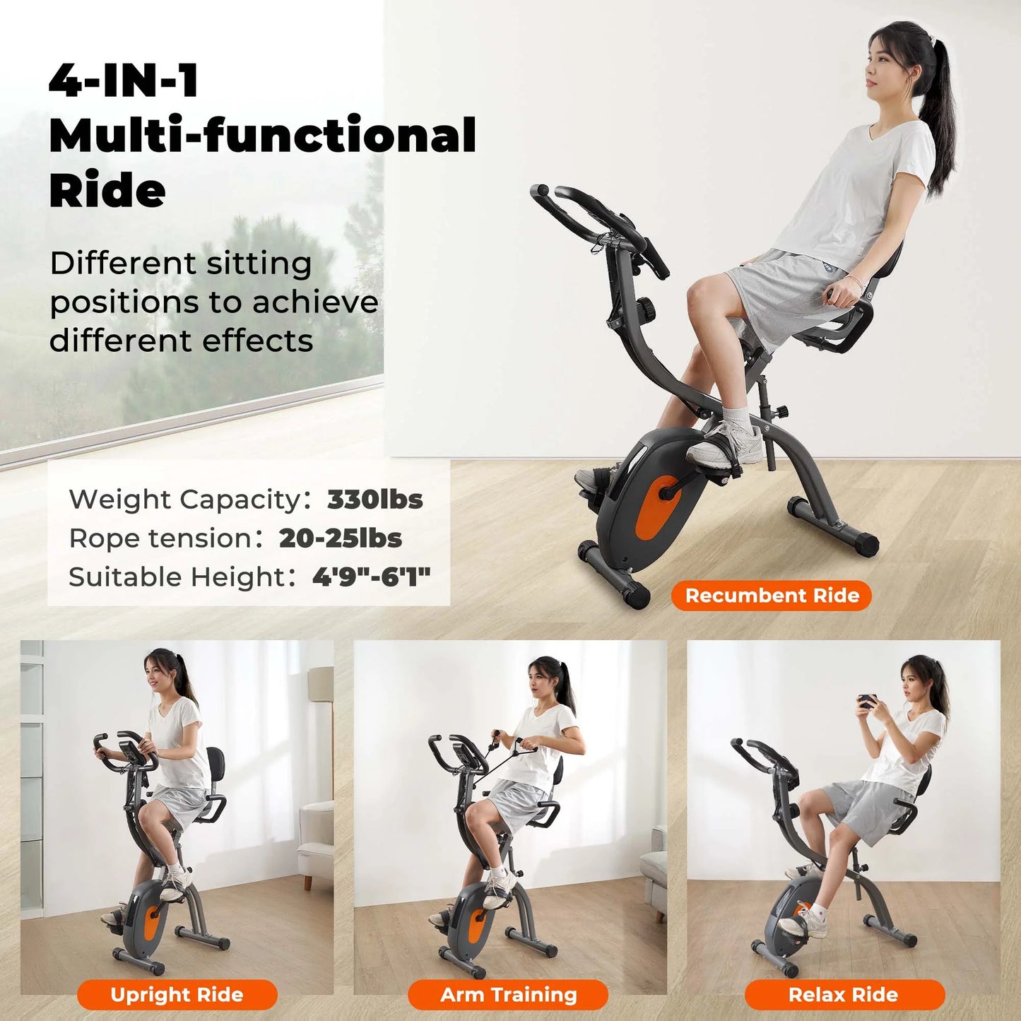 Folding Exercise Bike 3 in 1 Magnetic Stationary Recumbent Bike 10 Level Resistance for Home Use with Arm Resistance Bands
