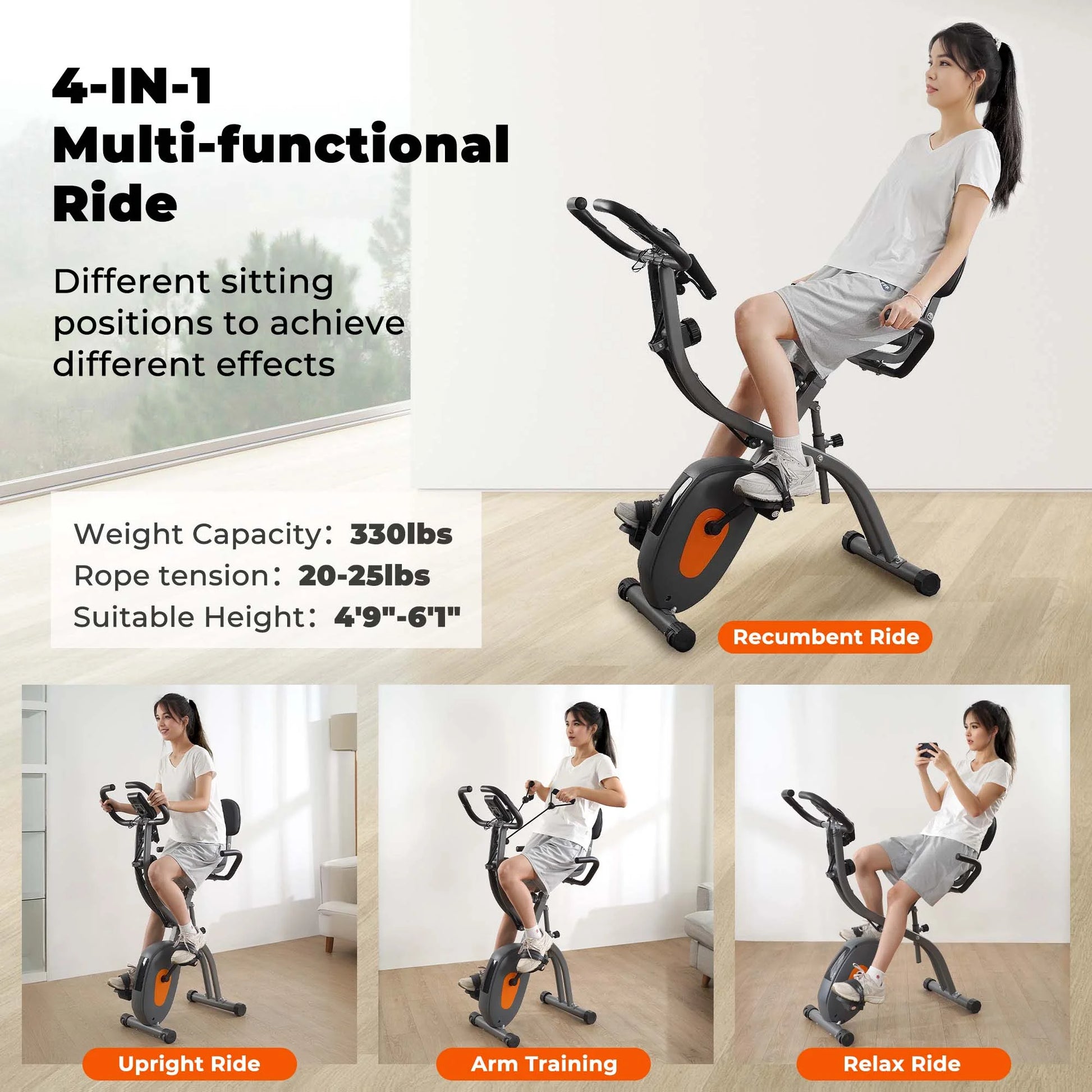 Folding Exercise Bike 3 in 1 Magnetic Stationary Recumbent Bike 10 Level Resistance for Home Use with Arm Resistance Bands