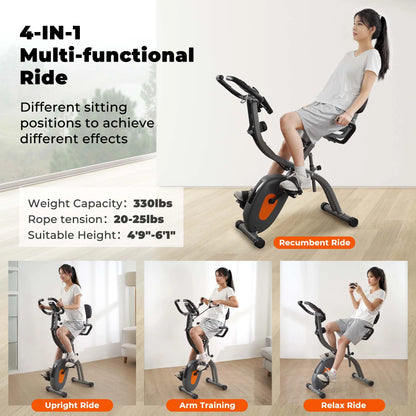 Folding Exercise Bike 3 in 1 Magnetic Stationary Recumbent Bike 10 Level Resistance for Home Use with Arm Resistance Bands