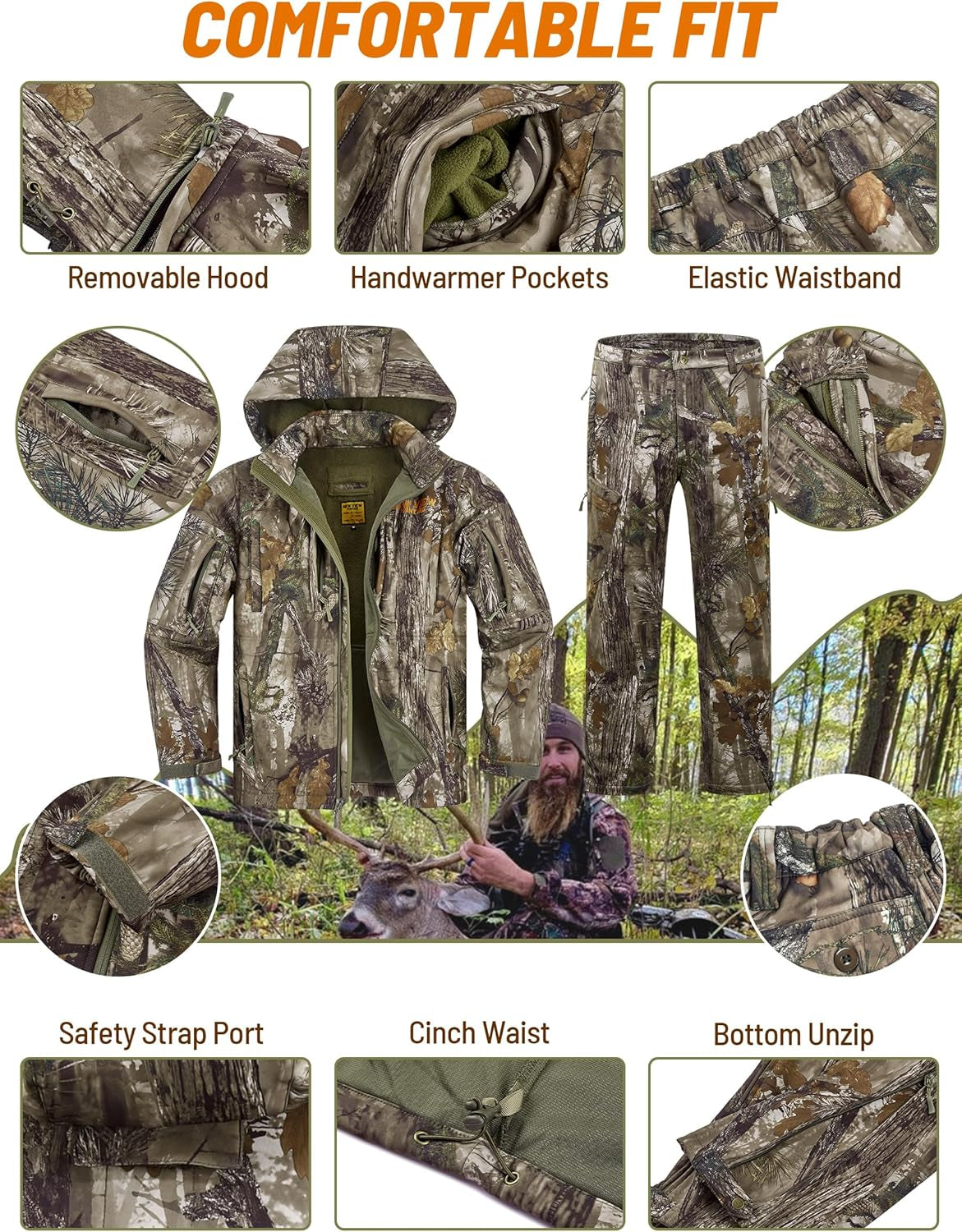Camo Hunting Clothes for Men, Quiet Warm Fleece Lining, Cold Weather Deer Hunting Jacket and Pants with Face Mask