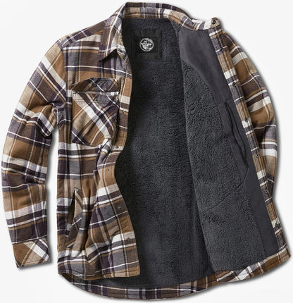 Men'S Sherpa Lined Cotton Flannel Shirt Jacket, Long Sleeve Warm Winter Outdoor Plaid Button up Jacket Coat with Pockets