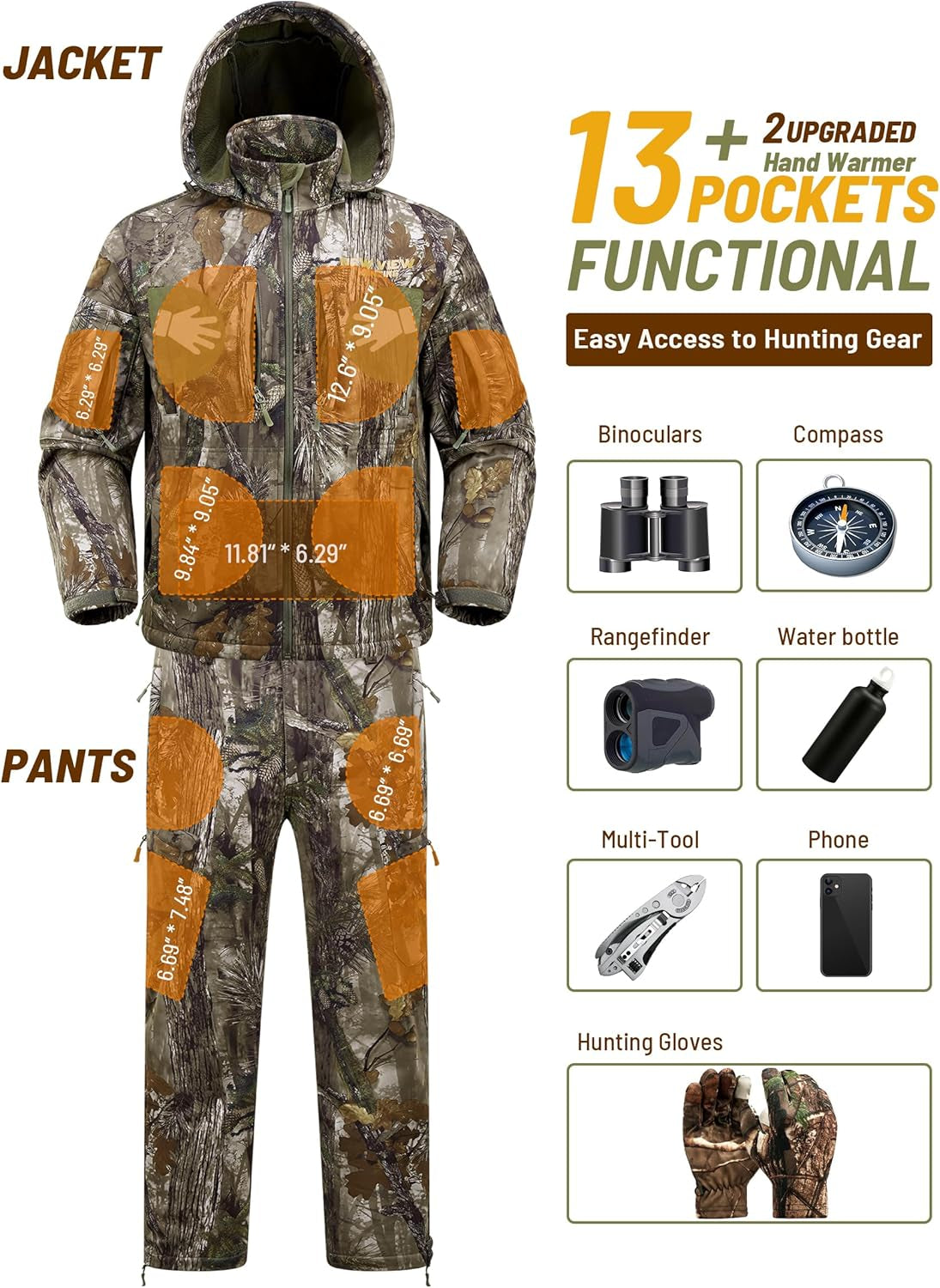 Camo Hunting Clothes for Men, Quiet Warm Fleece Lining, Cold Weather Deer Hunting Jacket and Pants with Face Mask