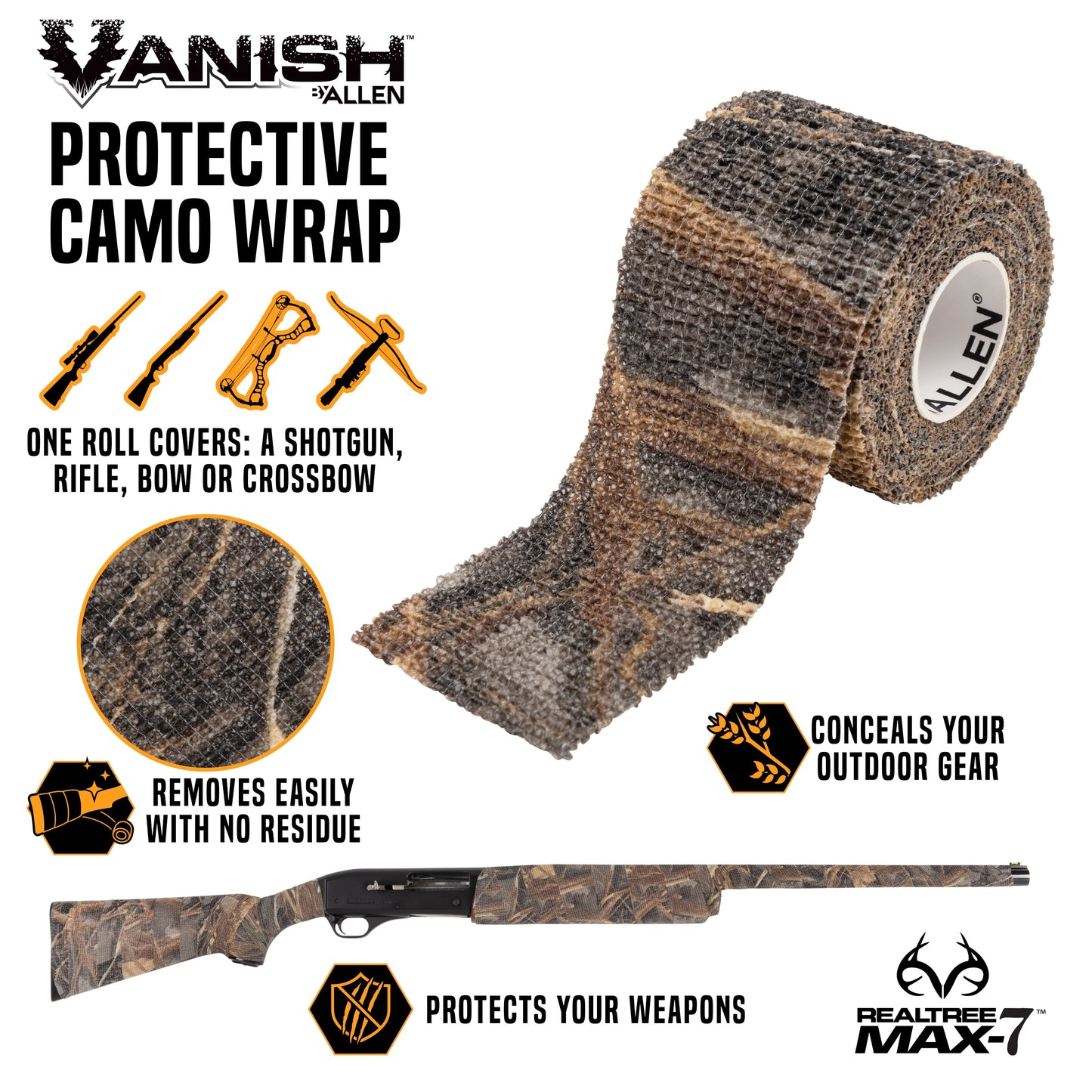 Vanish Protective Camo Wrap - 15 Foot Reusable Roll - Max-7 Camo