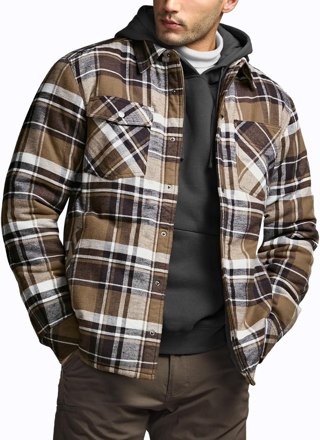 Men'S Sherpa Lined Cotton Flannel Shirt Jacket, Long Sleeve Warm Winter Outdoor Plaid Button up Jacket Coat with Pockets
