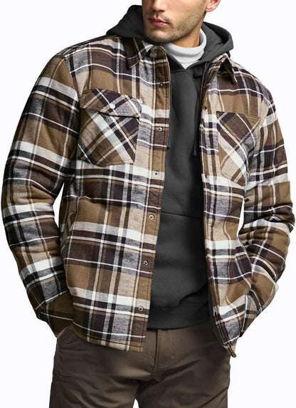 Men'S Sherpa Lined Cotton Flannel Shirt Jacket, Long Sleeve Warm Winter Outdoor Plaid Button up Jacket Coat with Pockets