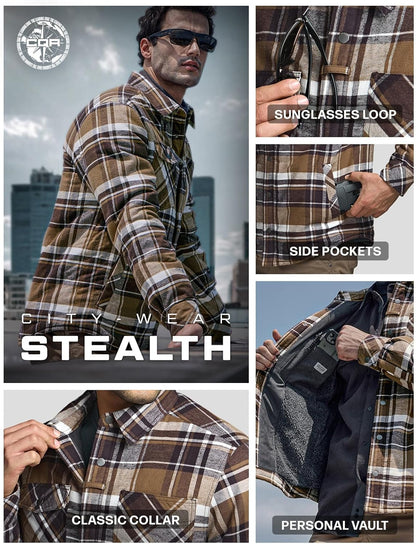 Men'S Sherpa Lined Cotton Flannel Shirt Jacket, Long Sleeve Warm Winter Outdoor Plaid Button up Jacket Coat with Pockets