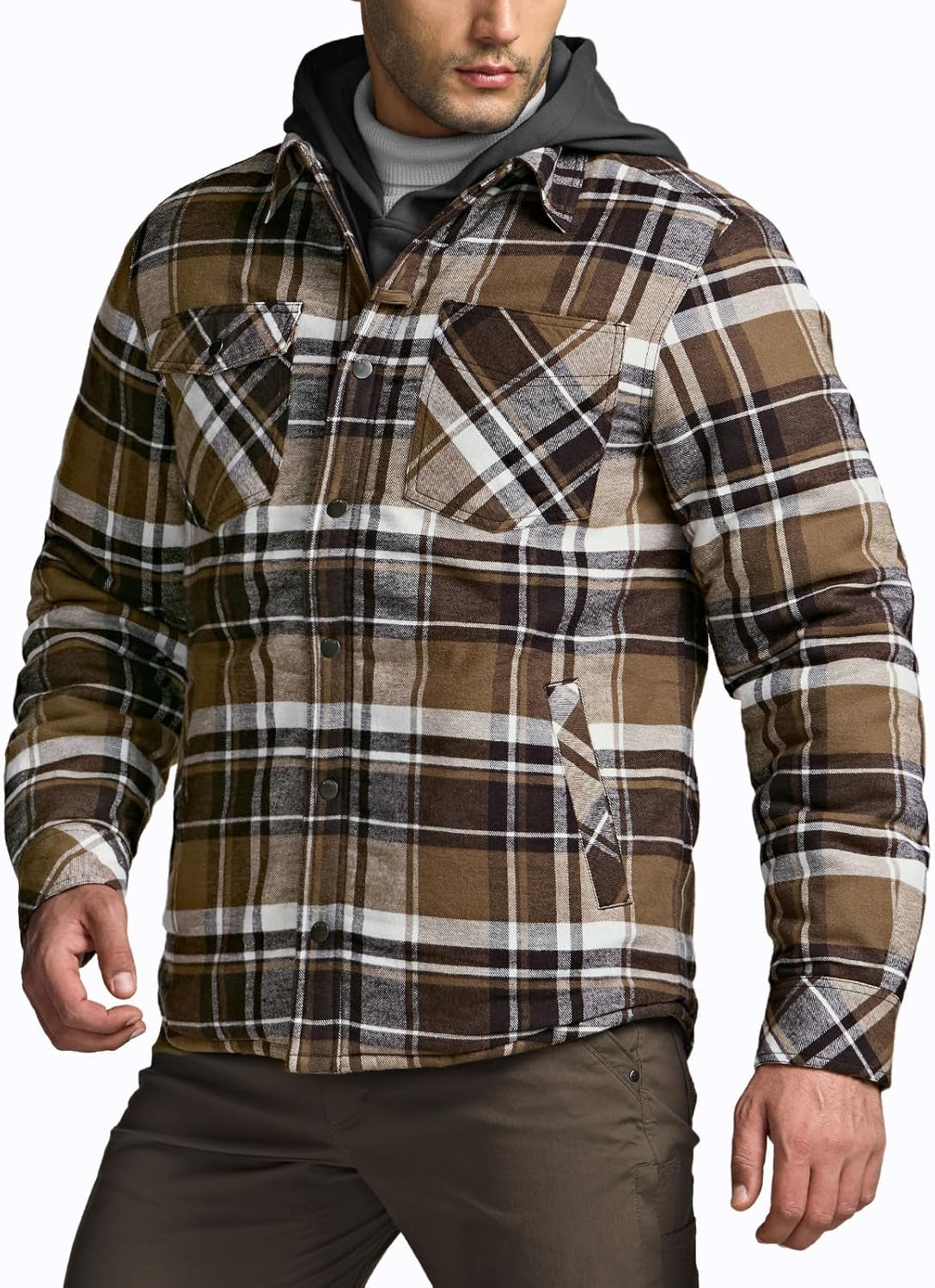 Men'S Sherpa Lined Cotton Flannel Shirt Jacket, Long Sleeve Warm Winter Outdoor Plaid Button up Jacket Coat with Pockets