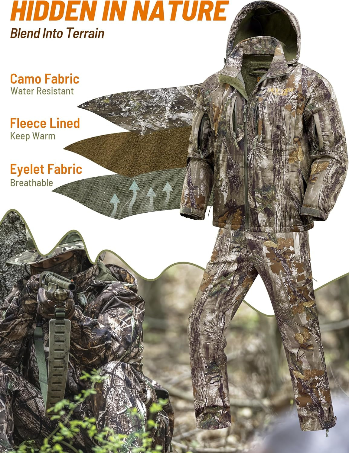 Camo Hunting Clothes for Men, Quiet Warm Fleece Lining, Cold Weather Deer Hunting Jacket and Pants with Face Mask