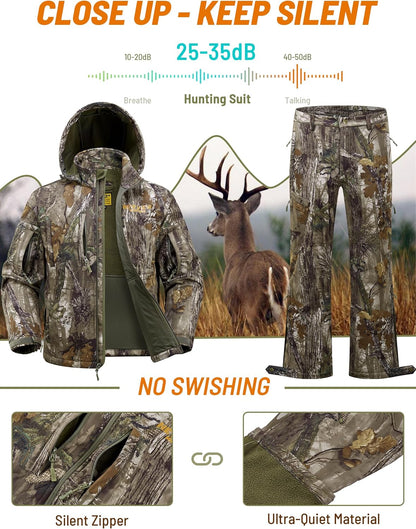 Camo Hunting Clothes for Men, Quiet Warm Fleece Lining, Cold Weather Deer Hunting Jacket and Pants with Face Mask