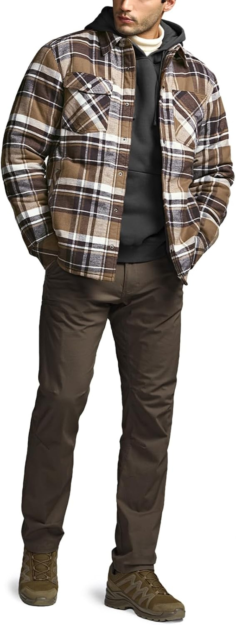 Men'S Sherpa Lined Cotton Flannel Shirt Jacket, Long Sleeve Warm Winter Outdoor Plaid Button up Jacket Coat with Pockets