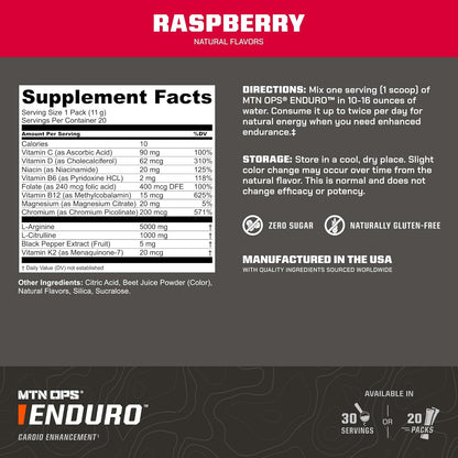 Enduro Nitric Oxide Stim Free Pre Workout | Magnesium Citrate, L Arginine & L Citrulline Caffeine Free Preworkout | 30 Serving Raspberry