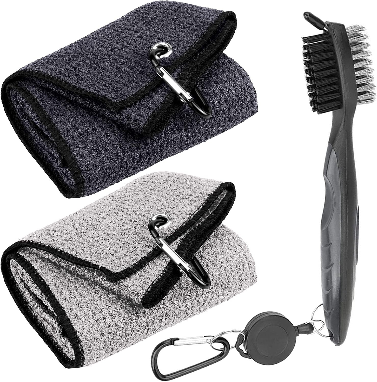 3 Pack Golf Towel Clean Set| Microfiber Waffle Pattern Tri-Fold Golf Towel | Brush Tool Kit with Club Groove Cleaner |Golf Accessories for Men, Women (Black/Gray Towel+ Gray Brush)